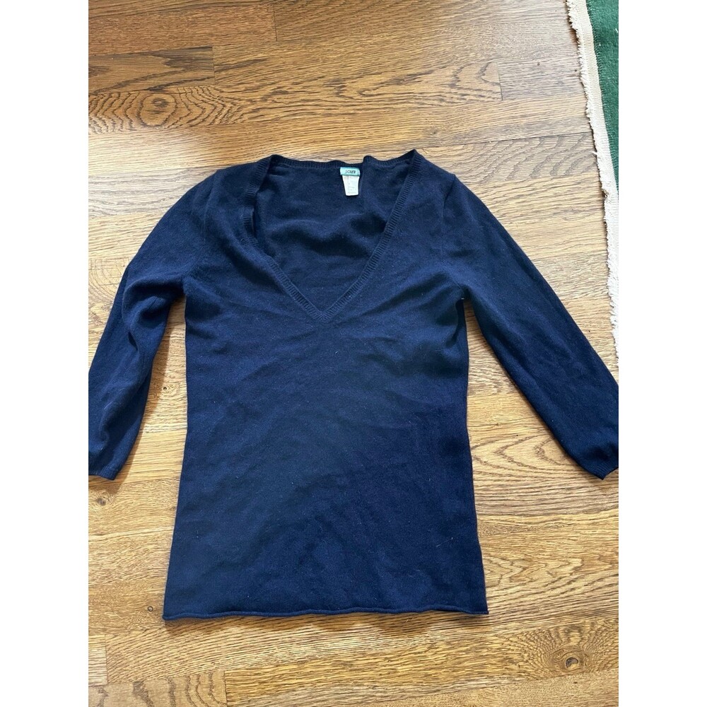 J.Crew Navy Blue Deep V-Neck 3/4 Sleeve 100% Cashmere Sweater sz S